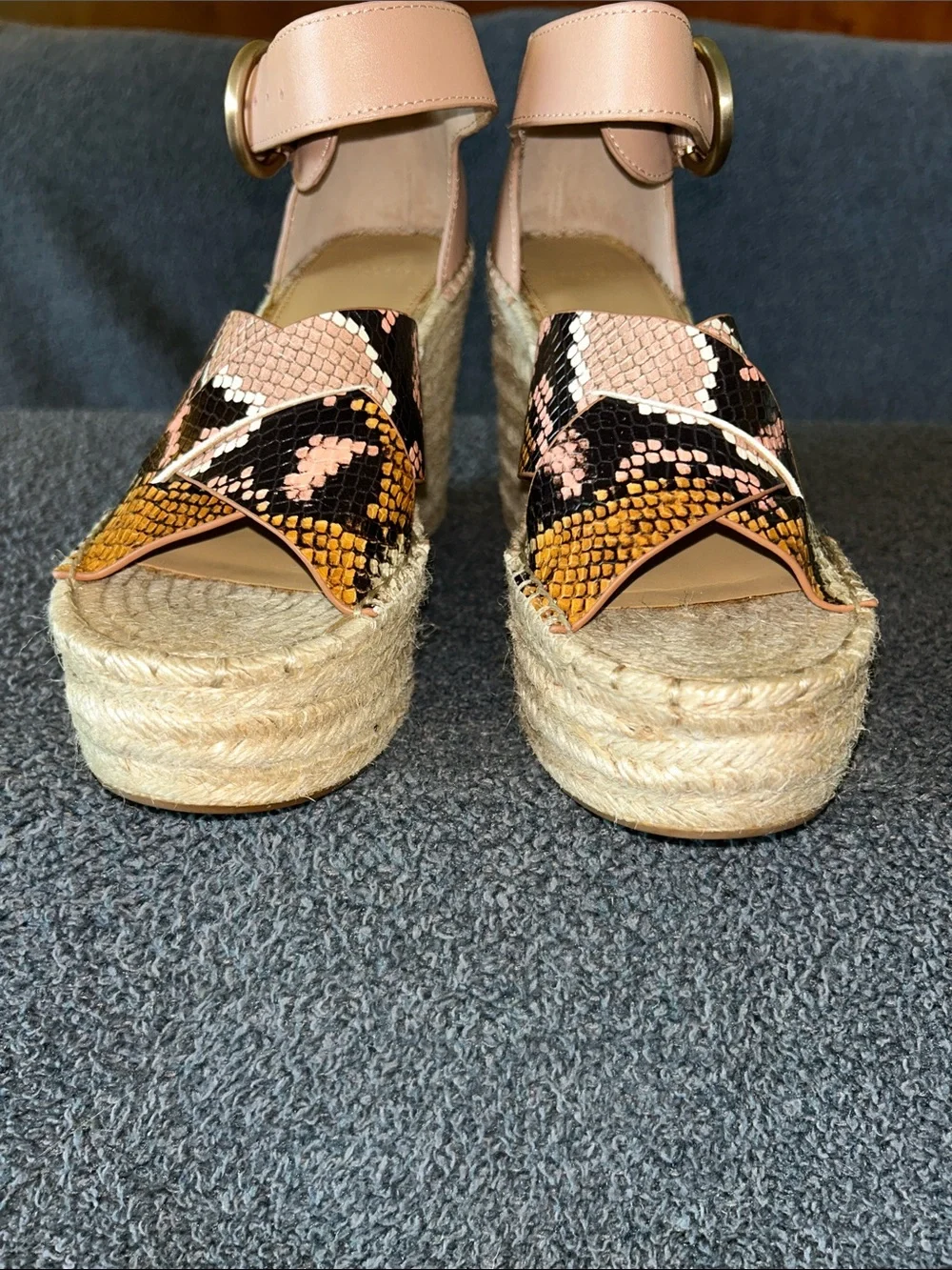 Marc Fisher Pink Ankle-Strap Espadrille Wedges with Snake-Print Straps